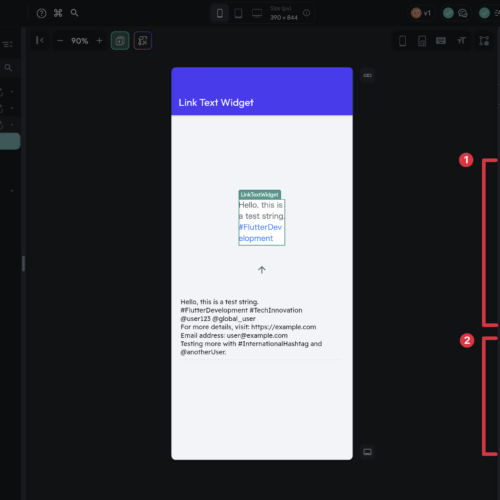 Screenshot of a Flutter application showcasing a link text widget with various properties and sample text displayed.