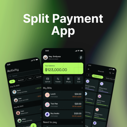 Screenshots of a split payment app showcasing user balance, transaction history, and activity overview for easy financial management.