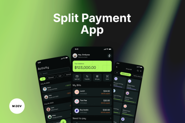 Screenshots of a split payment app showcasing user balance, transaction history, and activity overview for easy financial management.