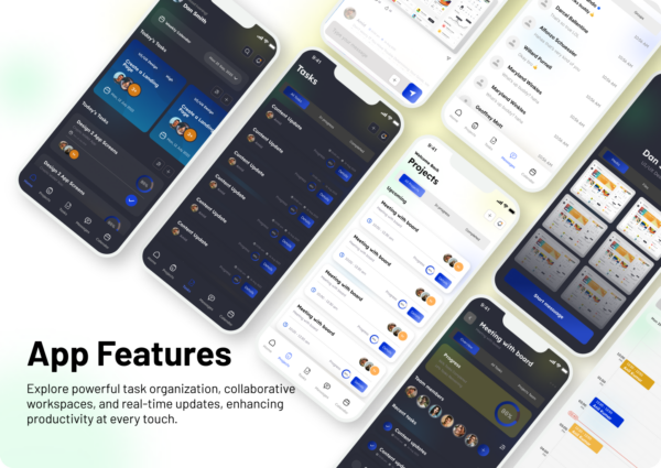 Mobile app showcasing task organization, collaborative workspaces, and project management features on multiple smartphone screens.