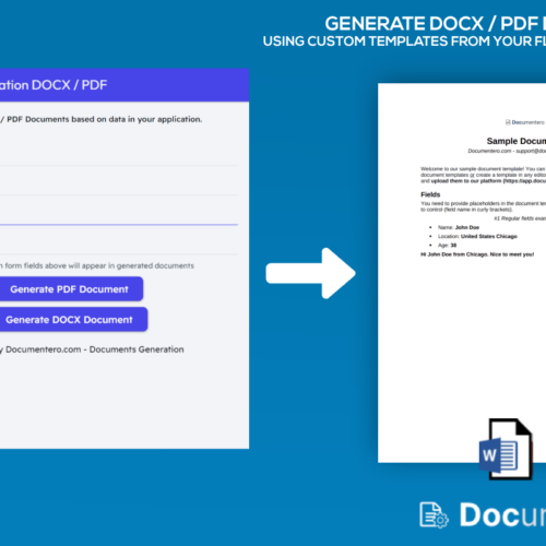 User interface for generating DOCX and PDF documents with custom templates in a Flutterflow application.