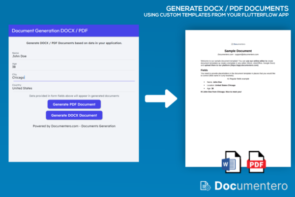 User interface for generating DOCX and PDF documents with custom templates in a Flutterflow application.